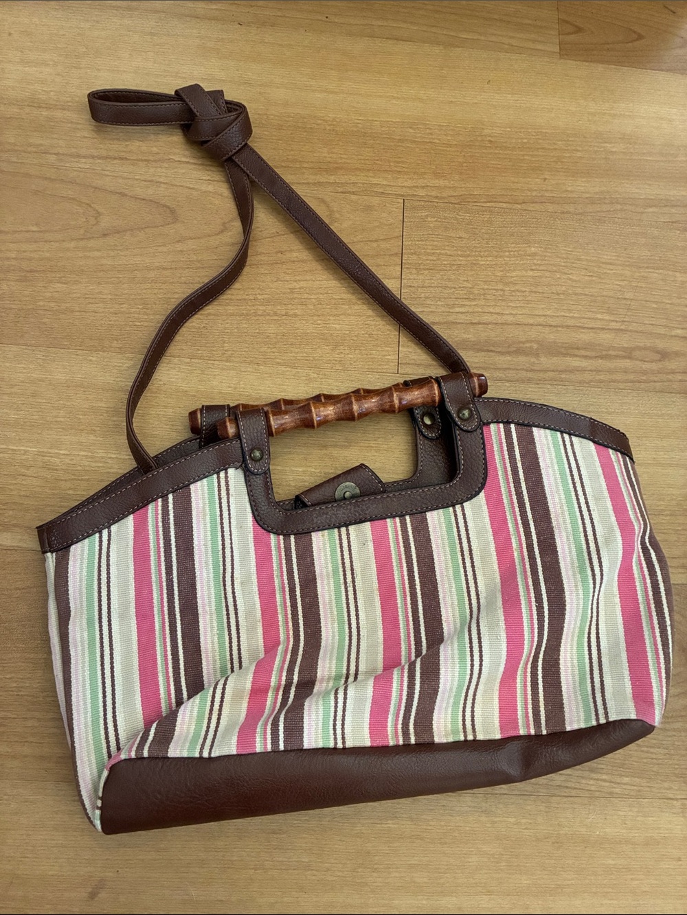 Striped Canvas & Brown Leather Tote Bag with Bamboo Handle - Pink/Brown